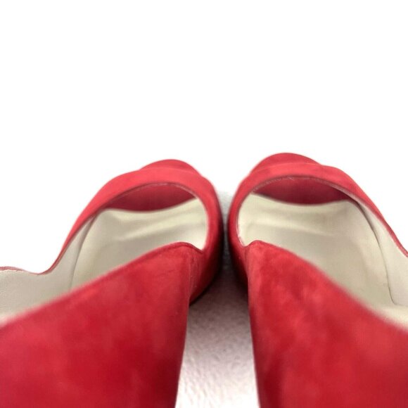 Women's 9N Red Peep Toe Mob Wife Career Chic Preppy Delman Suede Pumps Heels - Picture 12 of 13